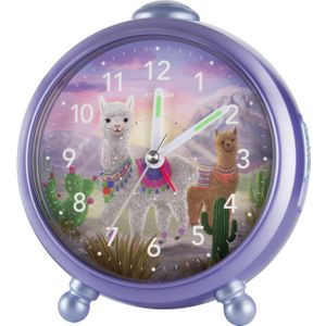 ATRIUM - Wekker - Kinderen - Meisjes - Analoog - Alpaca's - Lila - Zonder tikgeluid - Snooze - Licht/ wijzerplaatverlichting - Glow in the dark wijzers - Grote knoppen - Wekkers Slaaplamer - A932-8