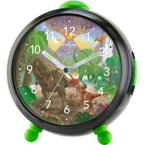 ATRIUM Wekker - Kinderen - Dino - Meisjes - Jongens - Analoog - T-Rex - Groen / Zwart - Zonder tikgeluid - Snooze - Licht/ wijzerplaatverlichting - Glow in the dark wijzers - Grote knoppen - Wekkers Slaapkamer - A932-4
