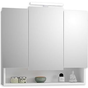 Stella Trading SEVEN Spiegelkast met verlichting in wit, badkamerspiegel, kast met veel opbergruimte, 80 x 70 x 22 cm (b x h x d)