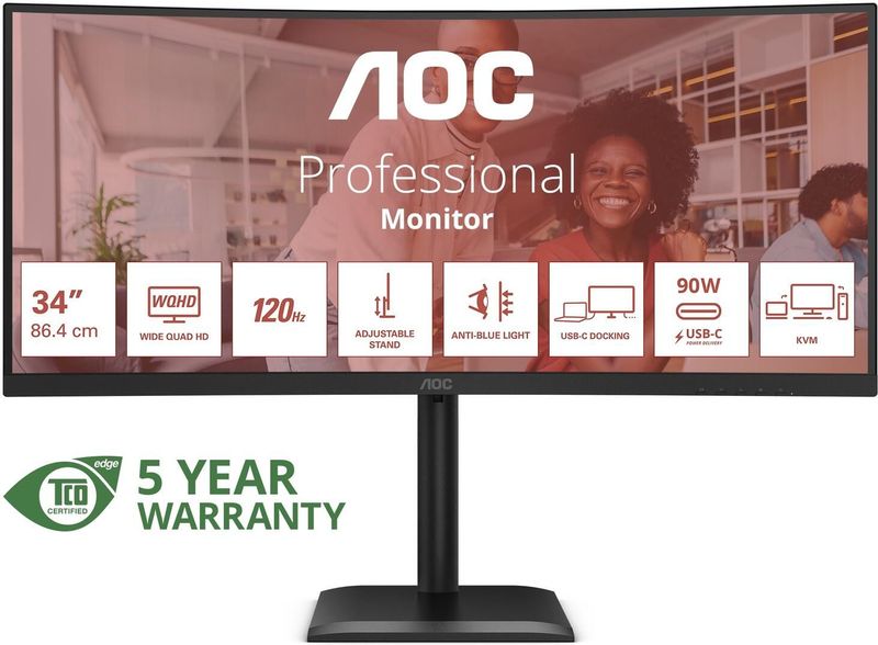 AOC - CU34E4CV - VA-monitor - 34 inch - 3440 x 1440 pixels - 21:9 - 120 Hz