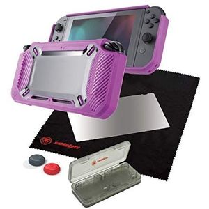 Tough Kit - étui + H9 verre - Protecteur d'écran/Chiffon de nettoyage + Capsules de contrôle analogiques + étui de jeu pour Nintendo Switch - rose