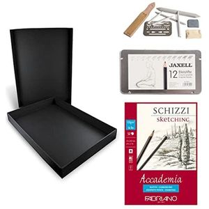 Honsell 14-99889 Disegno tekenset met zwarte opbergdoos met 12 potloden, tekenaccessoireset en een schetsboek in A4-formaat