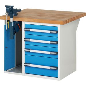 eurokraft pro Werkbank, bouwdoossysteem Serie 7, 4 laden, 1 bankschroef links, b x d = 1000 x 900 mm