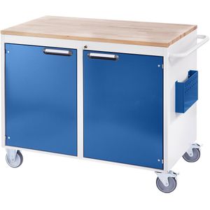 RAU Compacte werkbanken, verrijdbaar, 2 deuren, houten werkblad, lichtgrijs / gentiaanblauw