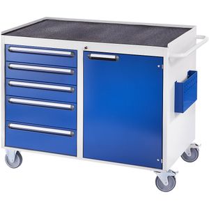 RAU Compacte werkbanken, verrijdbaar, 5 laden, 1 deur, metalen plateau met rubbermat, lichtgrijs / gentiaanblauw