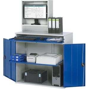 RAU Computer-werkstation, monitorbehuizing, 1 uitschuifbaar legbord, breedte 1100 mm, lichtgrijs / gentiaanblauw