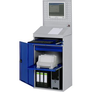 RAU Computer-werkstation, perforatiewand, lessenaar, uitschuifbaar legbord, lade, breedte 650 mm, lichtgrijs / gentiaanblauw