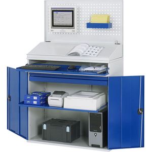 RAU Computer-werkstation, perforatiewand, lessenaar, uitschuifbaar legbord, lade, breedte 1100 mm, lichtgrijs / gentiaanblauw