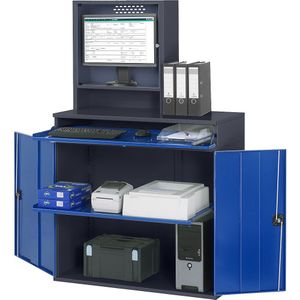 RAU Computer-werkstation, monitorbehuizing, 1 uitschuifbaar legbord, breedte 1100 mm, antraciet / gentiaanblauw
