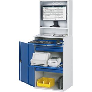 RAU Computer-werkstation, monitorbehuizing, 1 uitschuifbaar legbord, 2 laden, breedte 650 mm, lichtgrijs / gentiaanblauw
