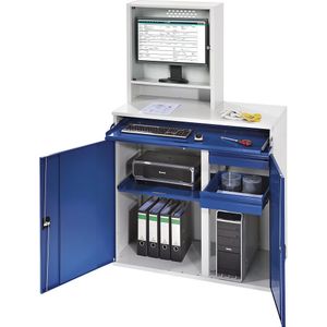 RAU Computer-werkstation, monitorbehuizing, 1 uitschuifbaar legbord, 2 laden, breedte 1100 mm, lichtgrijs / gentiaanblauw