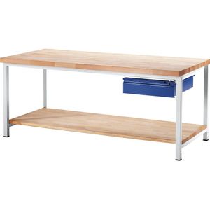RAU Werkbank, stellingconstructie, 1 lade type L, 1 aflegplateau van massief beukenhout, diepte 700 mm, breedte 1500 mm