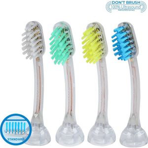 emmi®dent 4-delige set E4 tandenborstelopzetstukken (1 x blauw + 1 x turquoise, 1 x geel + 1 x wit) standaardvorm (uitgebalanceerde hardheid, rechte borstelharen) voor Emmi®dent ultrasone tandenborstel uit de serie Metallic & Professional
