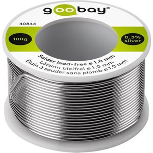 Loodvrij soldeer, ø 1,0 mm, 100 g Samenstelling: 0,3% zilver, 0,7% koper, 96,5% tin, vloeimiddelgeha