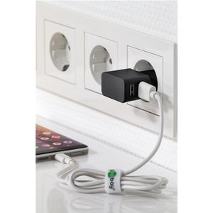 Goobay USB-A thuislader met 2 poorten en losse USB-C kabel - 2,4A / zwart - 1 meter