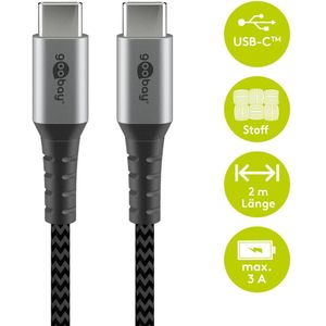 goobay - USB-C-auf-USB-C-Textilkabel mit Metallsteckern (spacegrau silber), 2 m - elegantes und extra-robustes Verbindungskabel f&#252;r Ger&#228;te mit USB-C-Anschluss