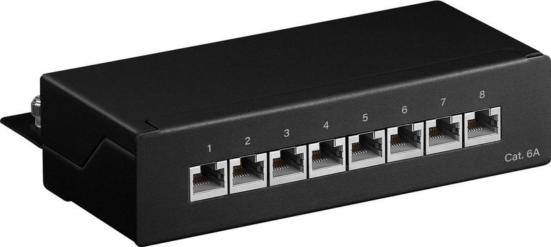 Goobay - cat 6a Mini/Desktop Patch Panel, 8 Port, (1 he), stp geschirmt, schwarz. Farbversion Schwarz