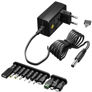 goobay 64568 universele voeding 3 V - 12 V max. 12 W/DC voor tv, pc, router, ledstrip, variabele spanning, USB C, USB A, micro USB/11 adapters meegeleverd zwart