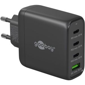 Goobay - usb-c™ pd GaN Multiport-Schnellladegerät (68 w) schwarz, 3x USB-C™-Anschlüsse (Power Delivery) und 1x USB-A-Anschluss (Quick Charge).
