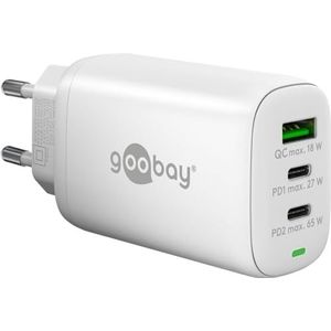 Goobay 65408 USB C-oplader, voeding, 65 W, Power Delivery PD snellader/iPhone/Android/USB-C & USB-A 3-poorts mini-adapter voor stopcontact/wit
