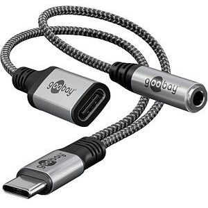 goobay USB C naar 3,5 mm jack hoofdtelefoon en USB C / 2-in-1 adapter/snel opladen type C naar audio AUX jack adapter/stoffen mantel / 74524