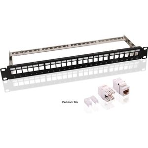 Goobay 95336 Keystone Patch Panel 24 Poorten / 19 inch behuizing met 24x CAT 6 RJ45 Keystone Modules / 1 HE/distributieveld patchveld/snap-in/zwart