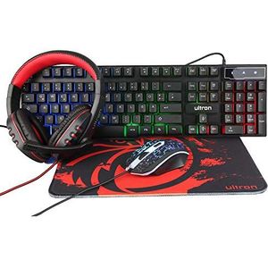 Ultron Hawk Toetsenbord Muisset Gaming 4-in-1 PC Pack Combo - RGB achtergrondverlichting toetsenbord [QWERTZ DE Layout] en muis [tot 6400 dpi], gaming headset & muismat - voor pc, Xbox, PS4