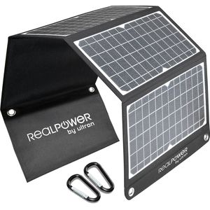 RealPower SP-30E Mobiel 30W Solar panel met 1 x USB-A, 1 x USB-A QuickCharge en 1 x USB-C PD - Opvouwbaar compact zonnepaneel voor mobiel gebruik - IPX5 weersbestendig - zwart
