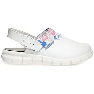 Abeba Clog 7320 - Dynamic glad leer, wit met print bloemenpatroon, gecertificeerd, 37