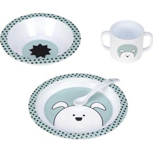 LÄSSIG Kinderserviesset (bord, beker, kleine kom, lepel) zonder melamine, BPA-vrij, voor vaatwasser en magnetron/PP serviesset Little Chums Dog