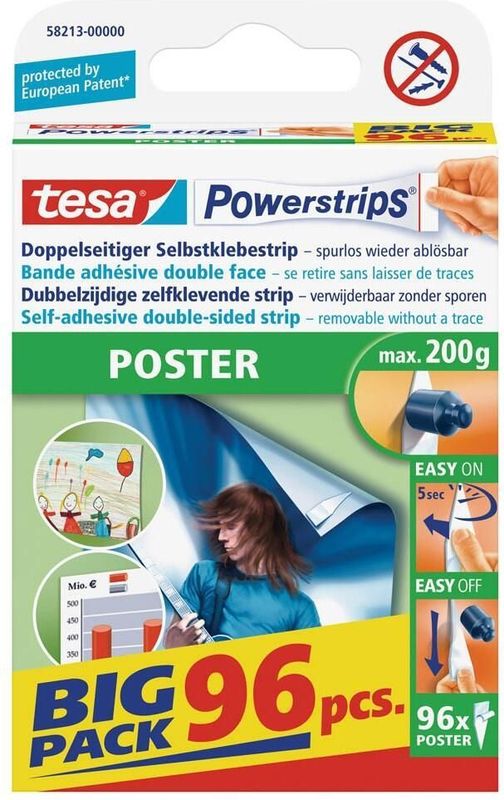 Powerstrips poster Big Pack - Doppelseitige Klebestreifen für Poster und Plakate - Selbstklebend und spurlos wieder ablösbar - Bis zu 200 g