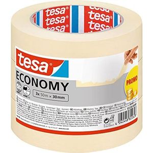 tesa Promo Schilderstape - Nauwkeurig afplakken bij verfklussen - Makkelijk te verwijderen - Oplosmiddelvrij - 3 rollen afplakband - 50 m x 30 mm
