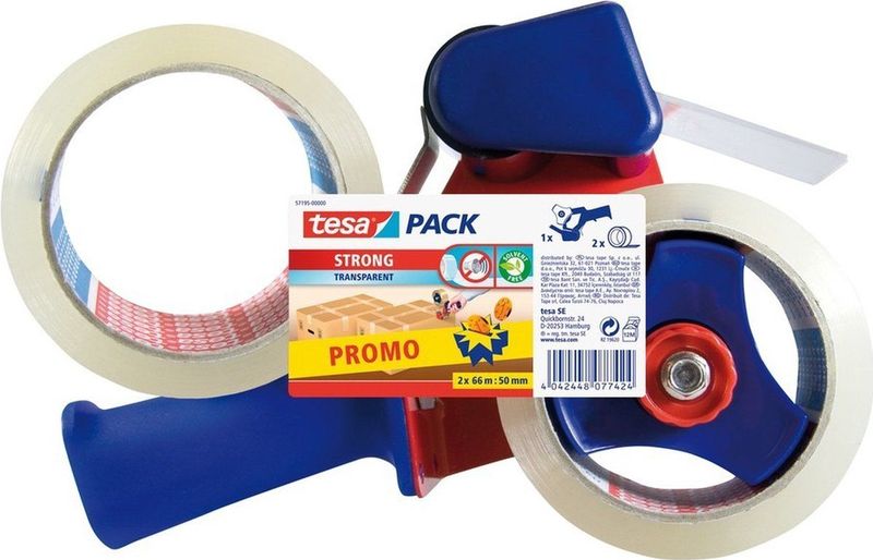 Tesa - Verpakkingstapedispenser - Transparant - Kunststof - Met 2 Gratis Rollen