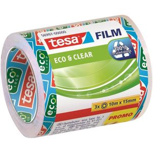 tesa Eco & Clear - Plakband - 10 m x 15 mm - 3-delige Voordeelverpakking - Milieuvriendelijk en Oplosmiddelvrij