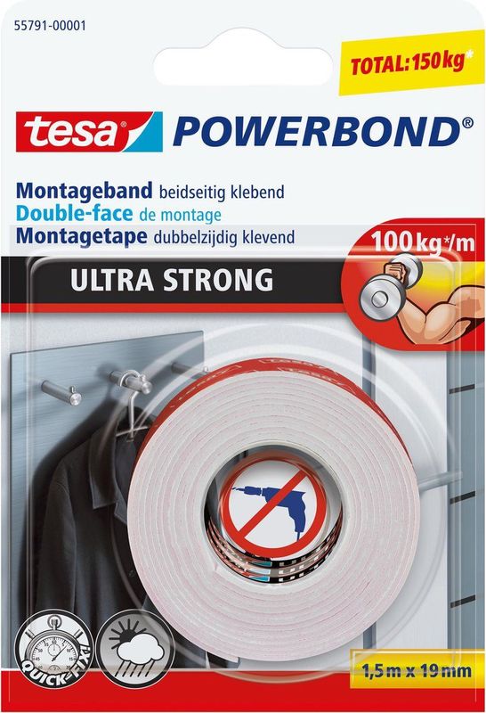 Tesa Powerbond montagetape extra sterk 19 x Dubbelzijdige tape Klustape