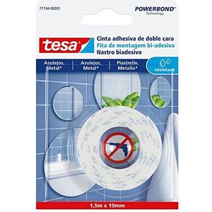 tesa Dubbelzijdig plakband voor tegels en metaal, voor duurzame bevestiging van spiegels en andere dunne voorwerpen in vochtige ruimtes, 1,5 m x 19 mm