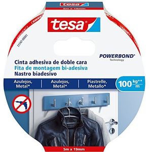 tesa Dubbelzijdig plakband voor tegels en metaal, voor het bevestigen van voorwerpen tot 10 mm dikte, extra sterk, tot 100 kg per 1 m band, 5 m x 19 mm