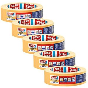 tesa Precisiekrepp 4344 standaard, 5-delige verpakking, professionele schilderscrip met dunne papierdrager, voor nauwkeurig afplakken en afdekken, oranje, 50 m x 30 mm