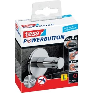 tesa Powerbutton Universal Haak, Large - Zelfklevende haakjes - Handdoekhaak, ophanghaakje - Draagkracht plakhaakje tot 8 kg - Verchroomd, rond
