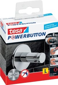 tesa Powerbutton Universal Haak, Large - Zelfklevende haakjes - Handdoekhaak, ophanghaakje - Draagkracht plakhaakje tot 8 kg - Verchroomd, rond
