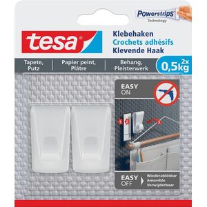 tesa Klevende Haak - Wit - Klevende haken voor behang en pleisterwerk - Zelfklevend - Ideaal voor slingers en lichtkettingen - Draagkracht 0,5 kg per haak