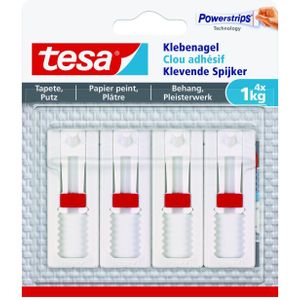 4 x Tesa Verstellbarer Klebenagel (für Tapeten und Putz 1 kg, Höhenverstellbarer, selbstklebender Wandnagel, bis zu 1 kg Halteleistung pro Nagel) 4er