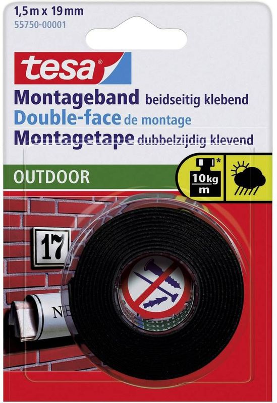 Tesa Montagetape Outdoor Dubbelzijdig Klevend Zwart 1,5m x 1,9cm