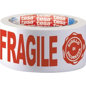 tesapack Bedrukte Verpakkingstape Fragile, 50 mm x 66 m, asgat 76 mm, Rood, Wit