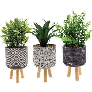 Bloempot PASADENA met houten pootjes en kunststof plantje set van 3 potjes