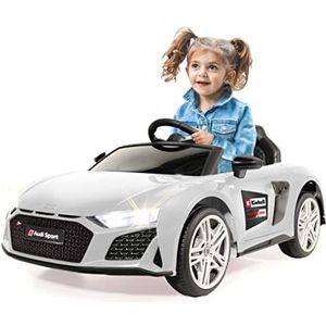 JAMARA 460914 Ride-on Audi R8 18V Einhell Power X-Change-2 krachtige aandrijfmotoren, snelwisselbatterijsysteem, led-koplamp, sportfiets, bluetooth, USB, muziek, wit