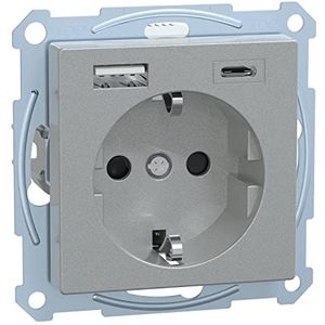 Schneider Electric Merten MEG2367-0460 Stopcontact met USB-aansluiting type A+C-systeem M aluminium, Schuko USB-stopcontact, inbouw, geaard stopcontact, geschikt voor smartphone, tablet