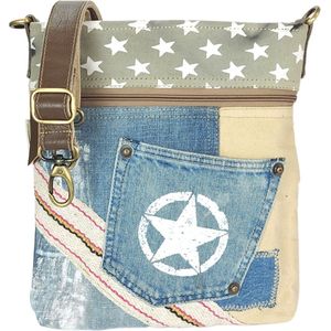 Sunsa - schoudertas voor dames. Duurzame tas gemaakt van gerecycled jeans & canvas. Vintage veganistische schoudertas. Kleine cross-over tas