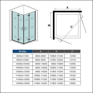vierkante douchecabine 110x90x185cm,dubbele vouwdeur,hoek instap,6mm veiligheidsglas nano coating