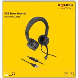 Delock USB stereo headset met kabelafstandsbediening en Quick-Mute knop voor PC en notebook (Bedraad, USB-A), Kantoorheadset, Zwart